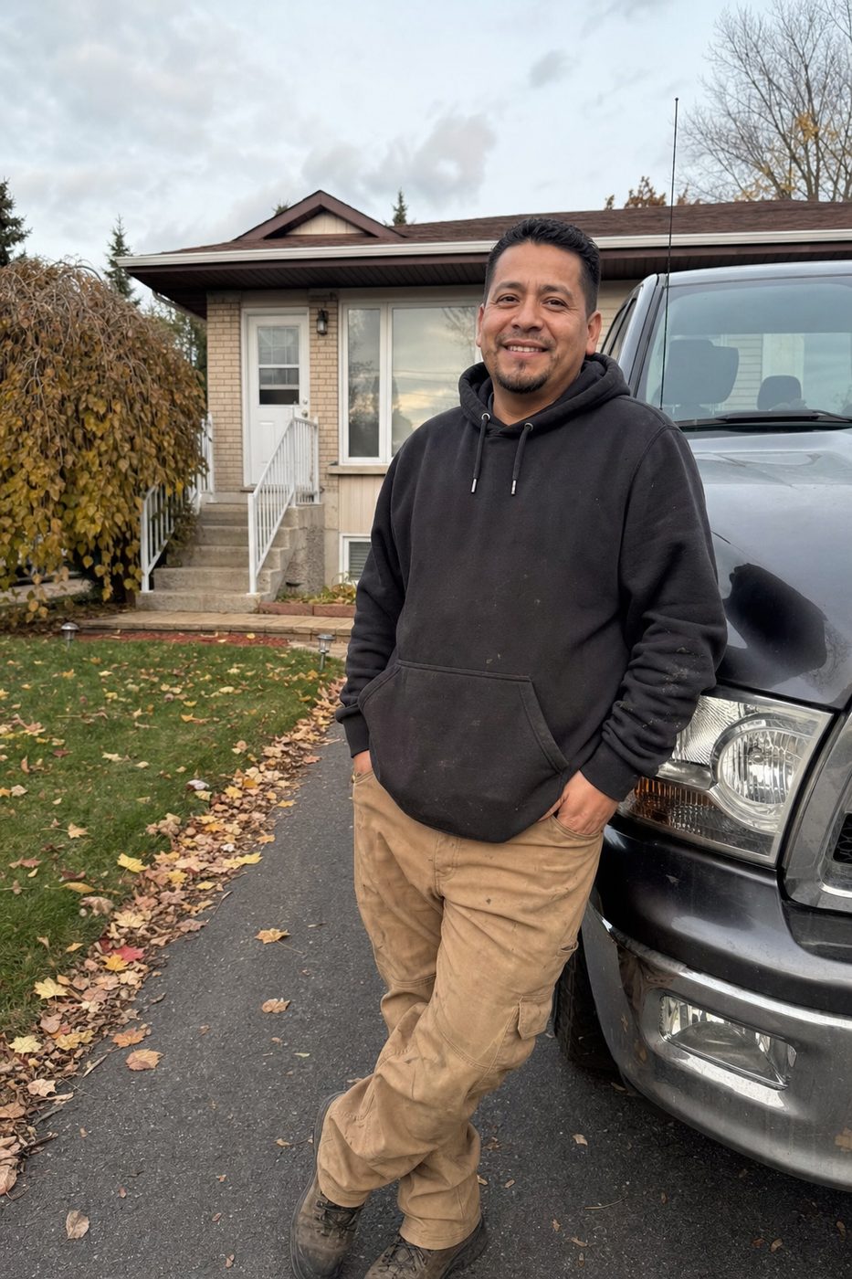 Homme appuyé sur son camion devant son bungalow à Terrebonne