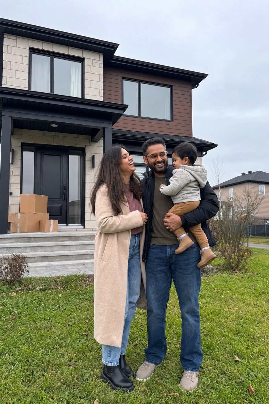 Jeune famille devant son cottage à Brossard, boîtes de déménagement à la porte