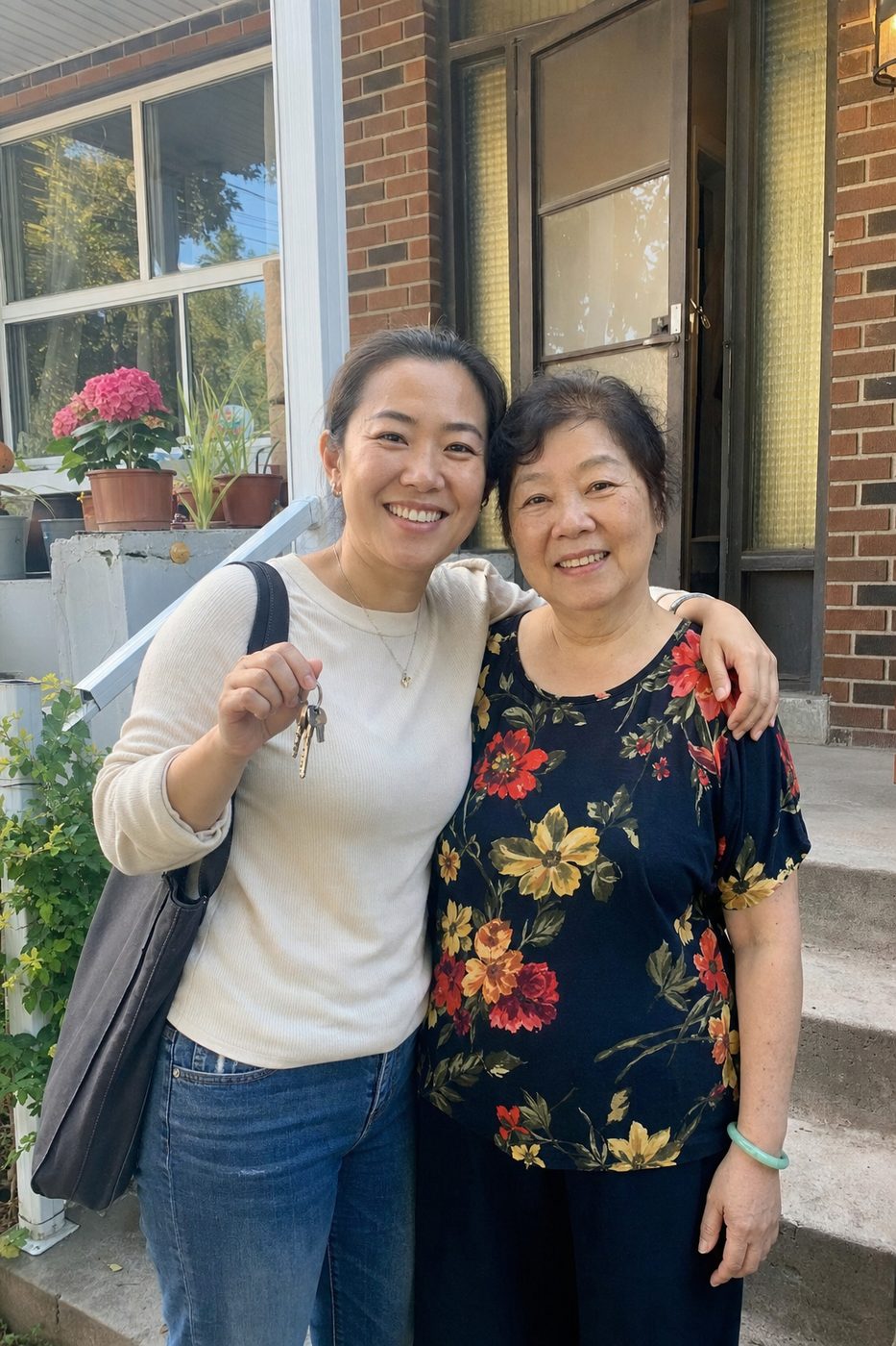 Mère et fille sur le perron de leur duplex à Saint-Laurent