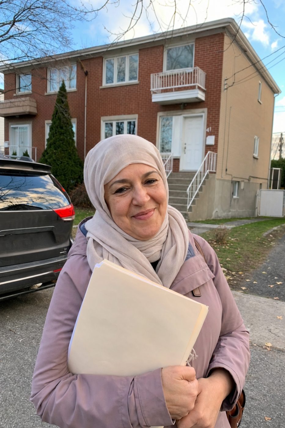 Femme devant son jumelé de brique à Laval, un dossier à la main