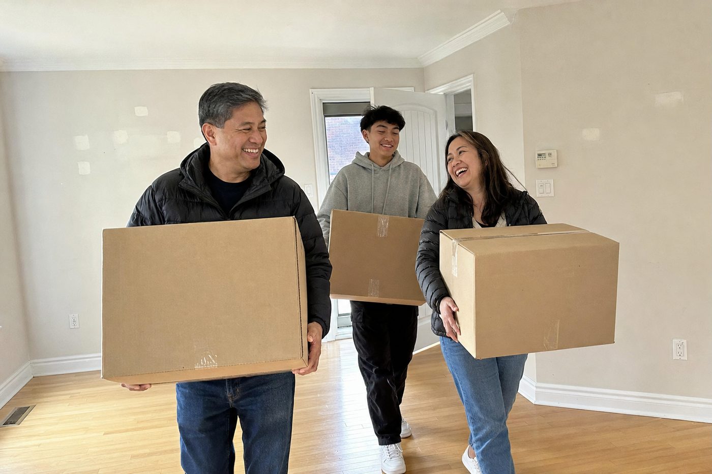 Famille qui transporte les dernières boîtes de déménagement